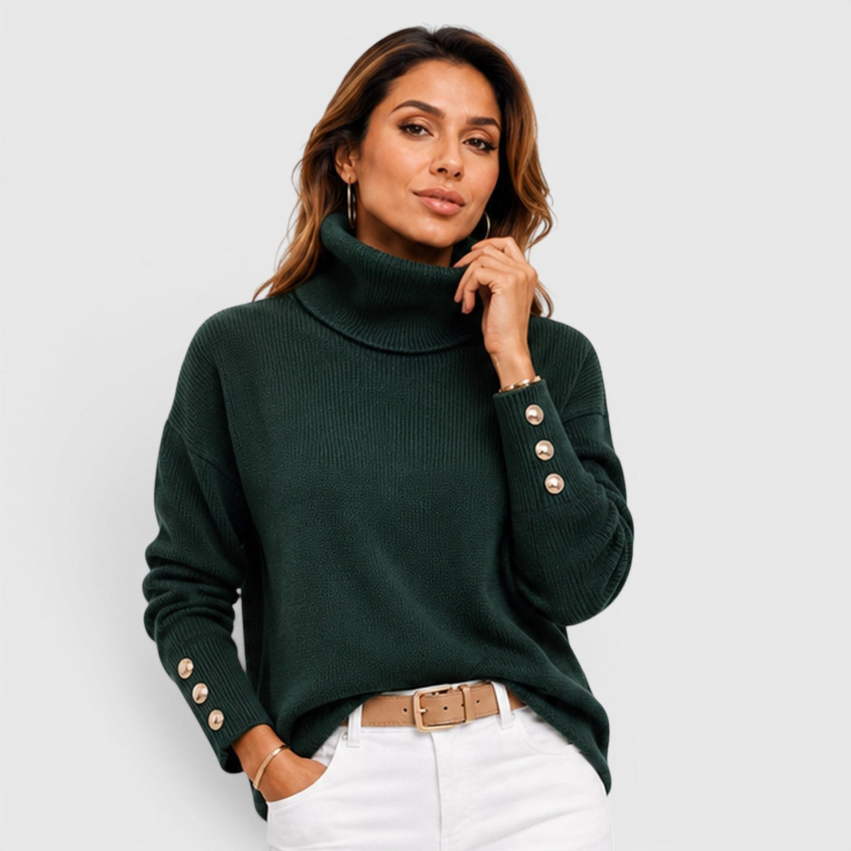 Women's Oversized Ribbed Turtleneck Sweater, Chunky Knit - Beverley