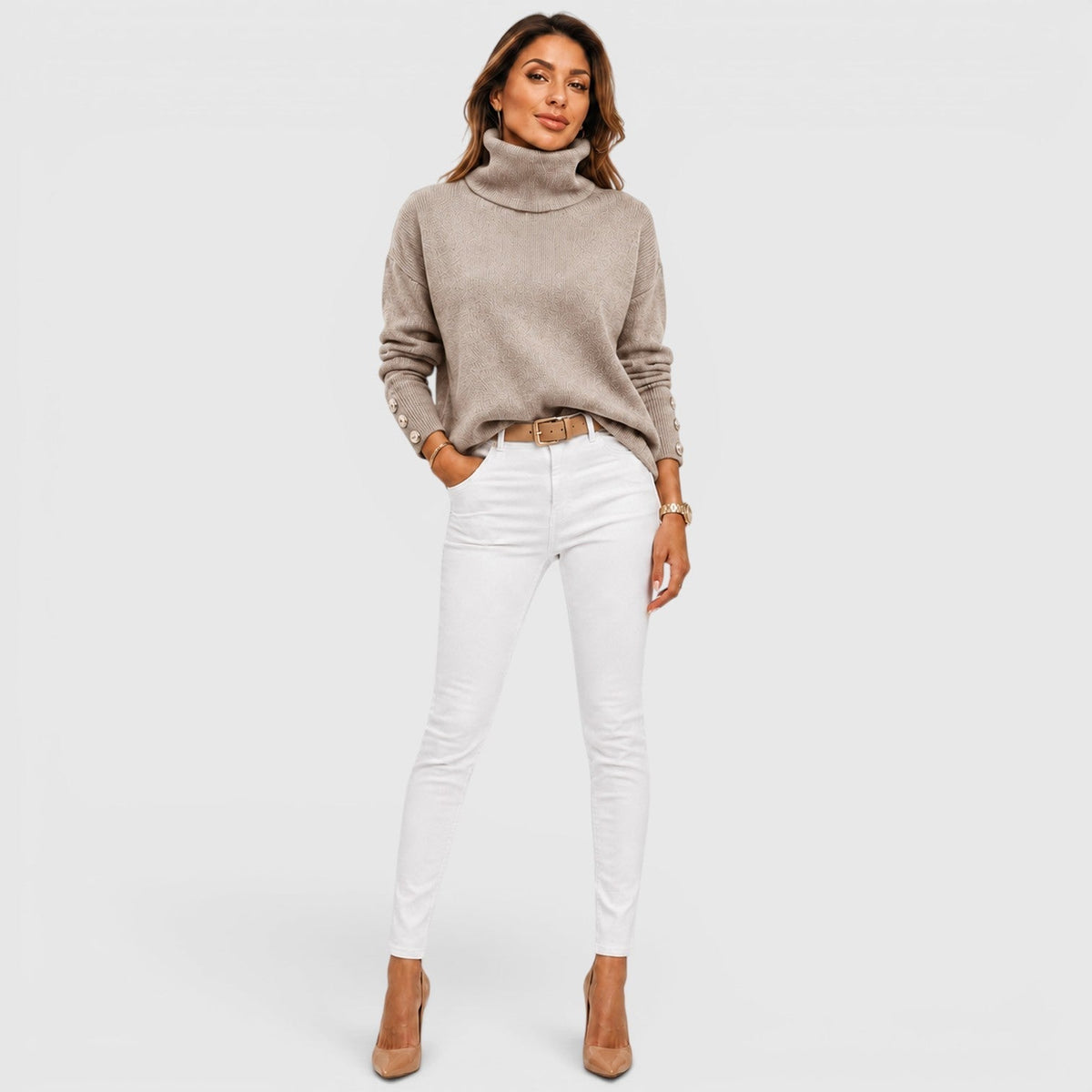 Women's Oversized Ribbed Turtleneck Sweater, Chunky Knit - Beverley