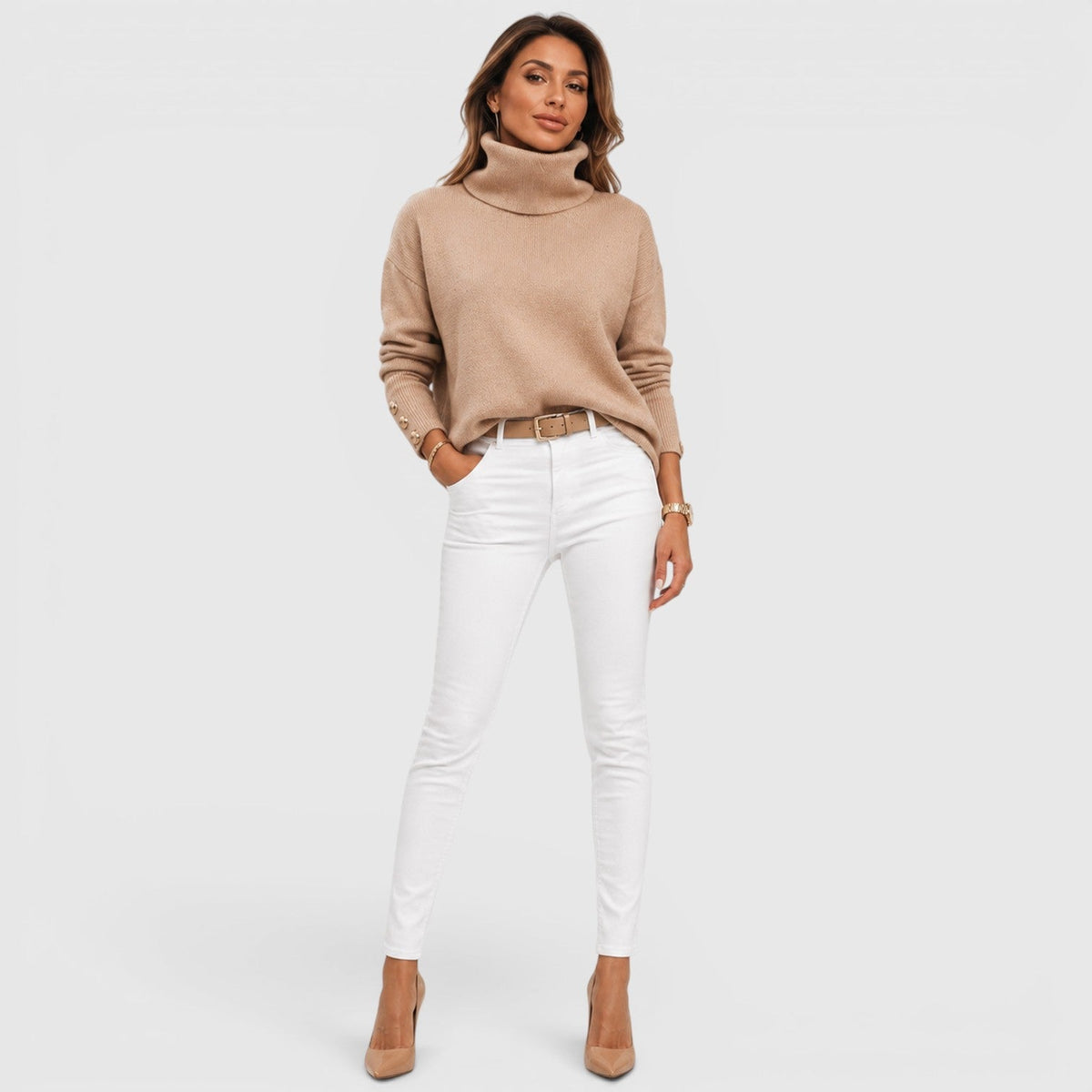 Women's Oversized Ribbed Turtleneck Sweater, Chunky Knit - Beverley