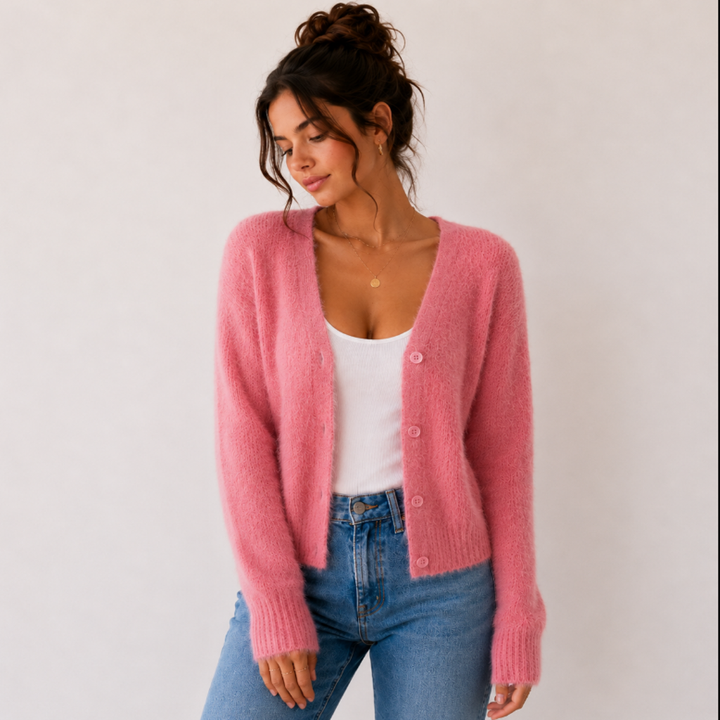 Women's Fuzzy Cardigan, V-Neck Button Front with Ribbed Trim