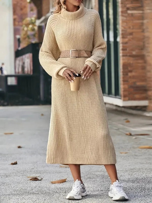 Women's Ribbed Knit Turtleneck Maxi Dress, Long Raglan Sleeves