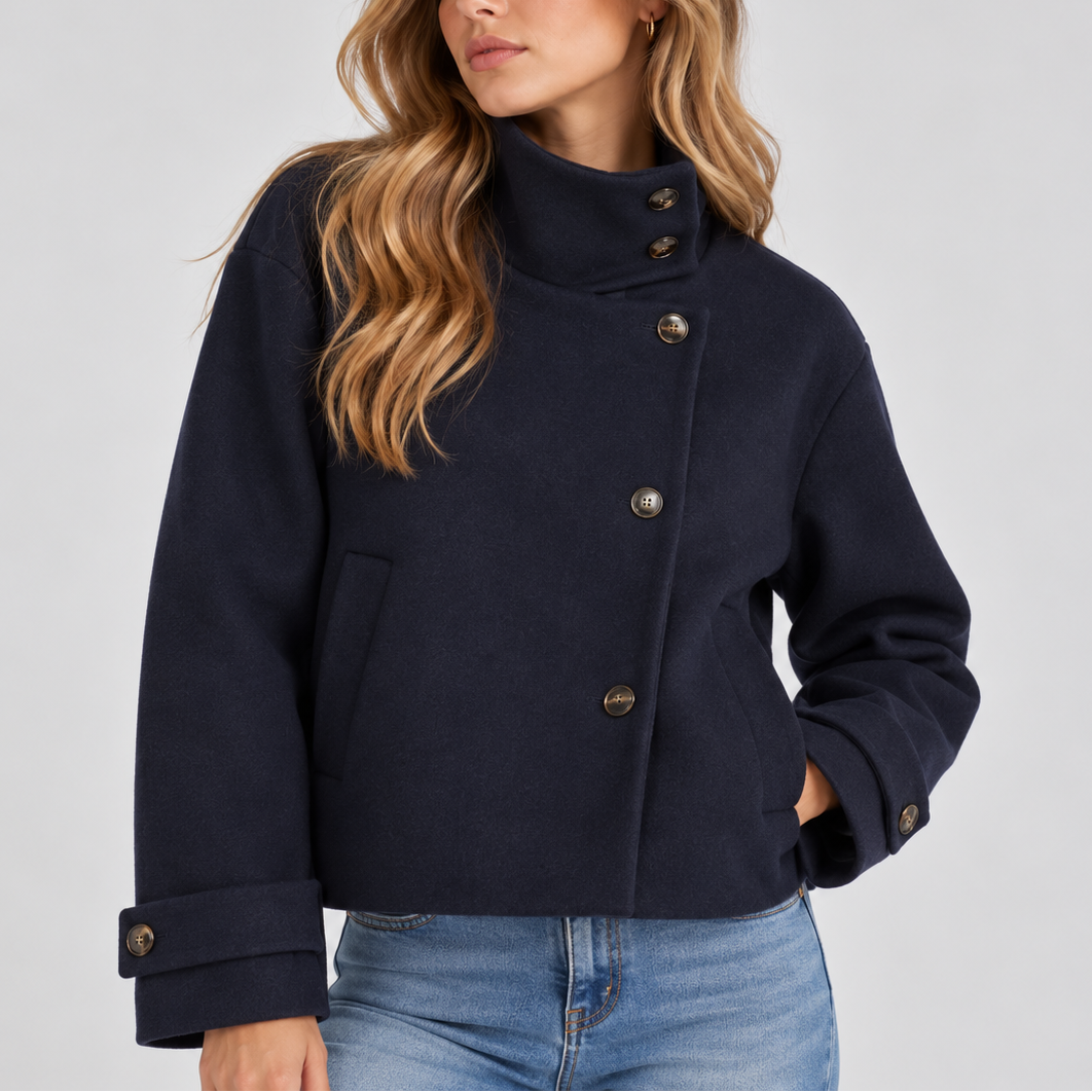 Women's Cropped Wool Jacket – High Neck Button Front