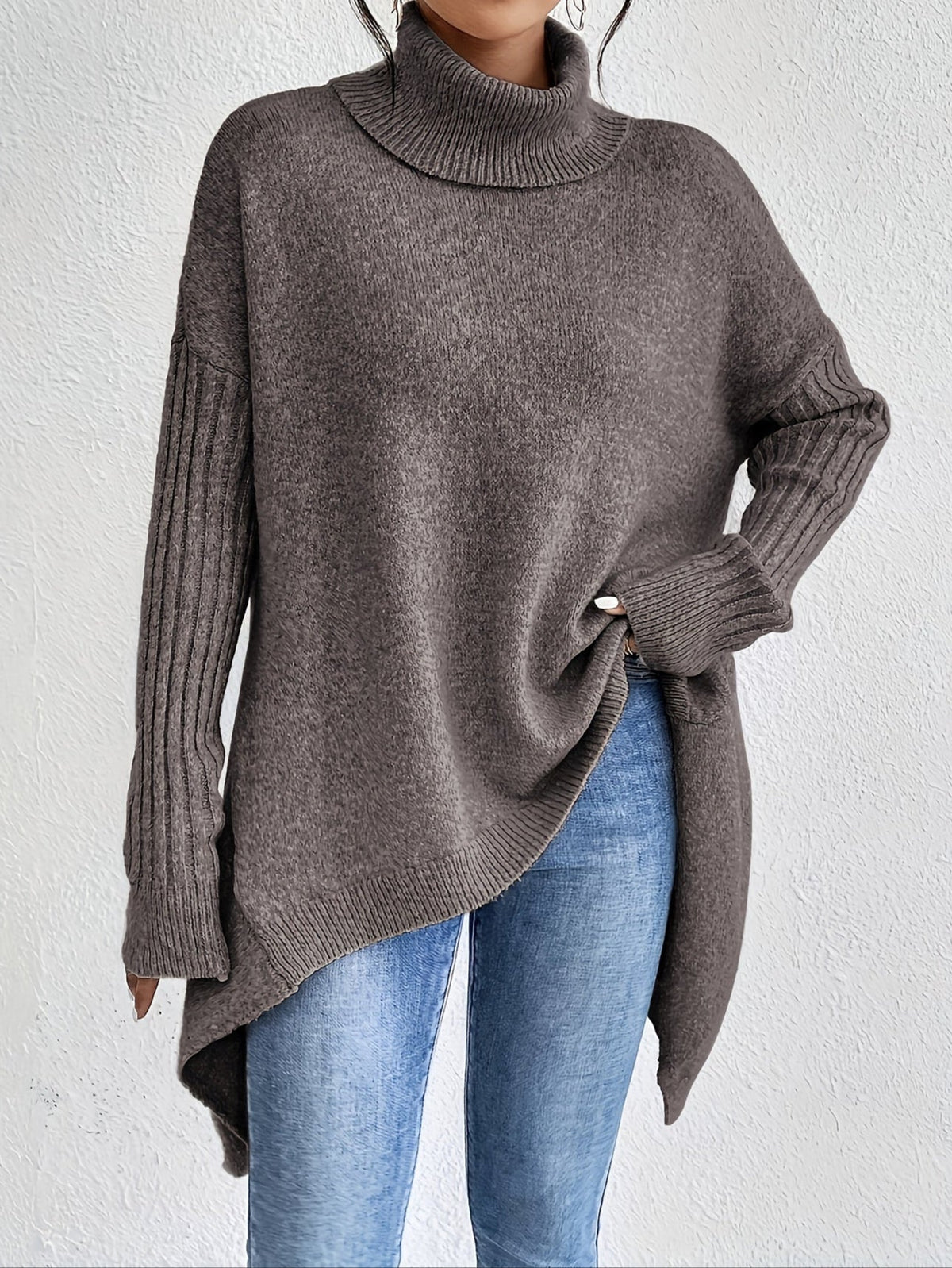 Women's High Neck Sweater, Relaxed Fit and Asymmetric Hem - Audrey