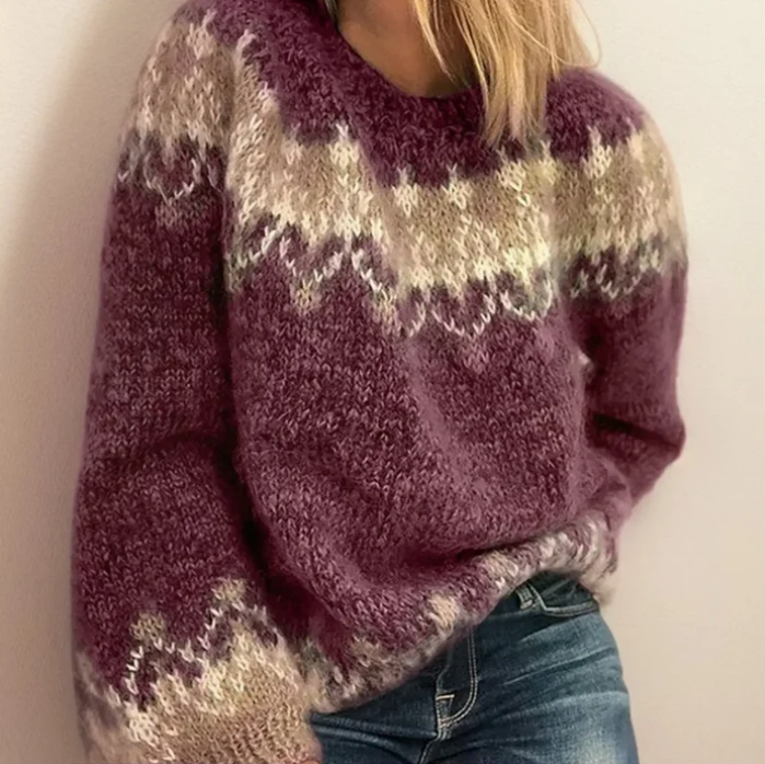Women's Fair Isle jacquard knit sweater in burgundy