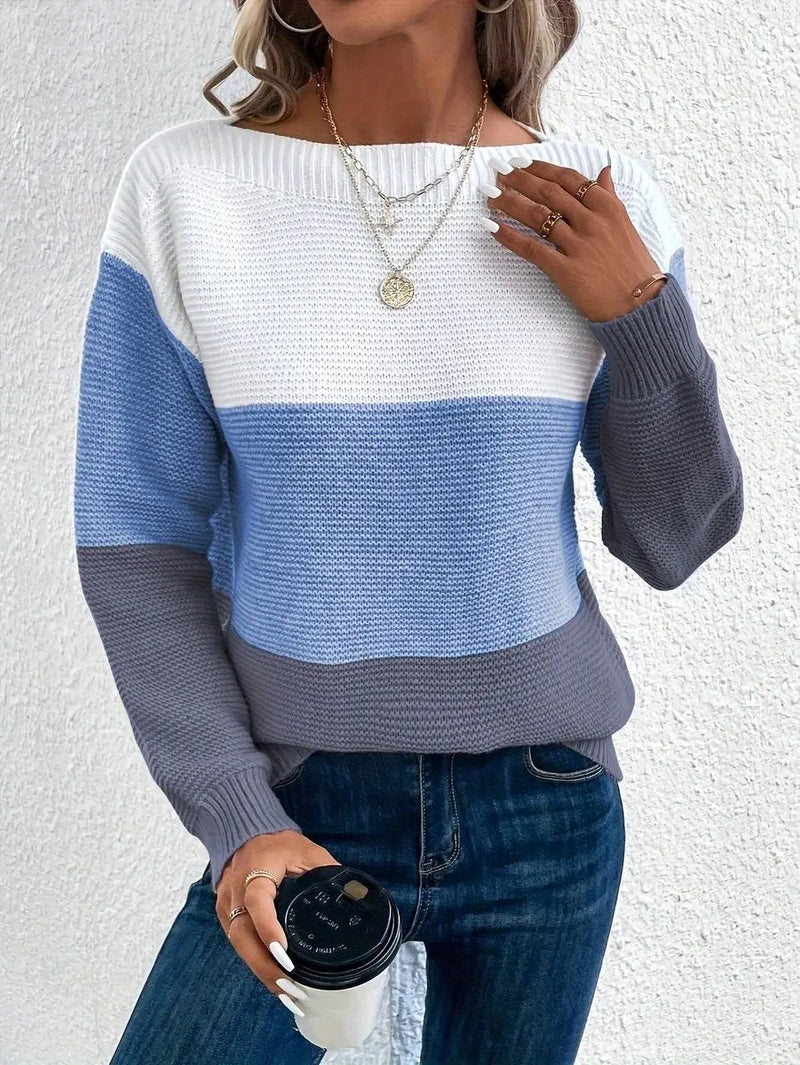 Women's relaxed fit colour block knit sweater in blue