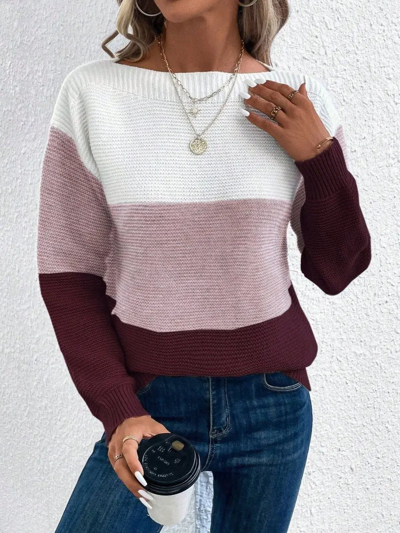 Women's relaxed fit colour block knit sweater in burgundy