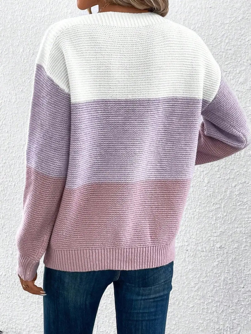 Women's relaxed fit colour block knit sweater in lilac - back view
