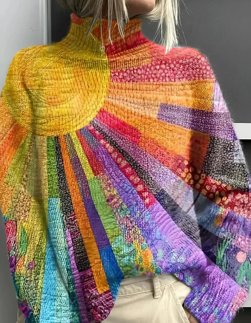 Women's multicolour turtleneck sweater with rainbow patchwork pattern