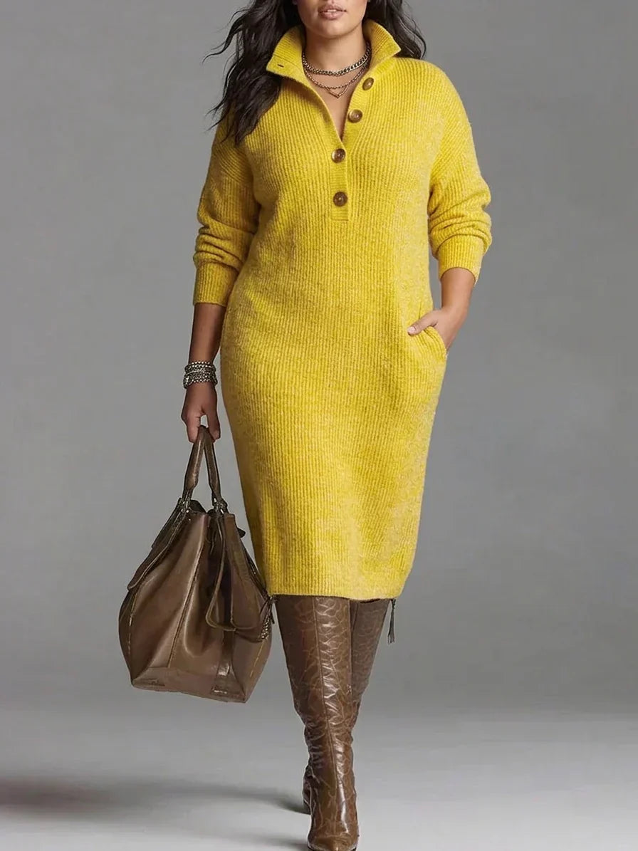 Women's Ribbed Sweater Dress with Button Collar - Hattie