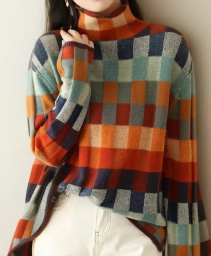 Women's multicolour checked turtleneck knit sweater