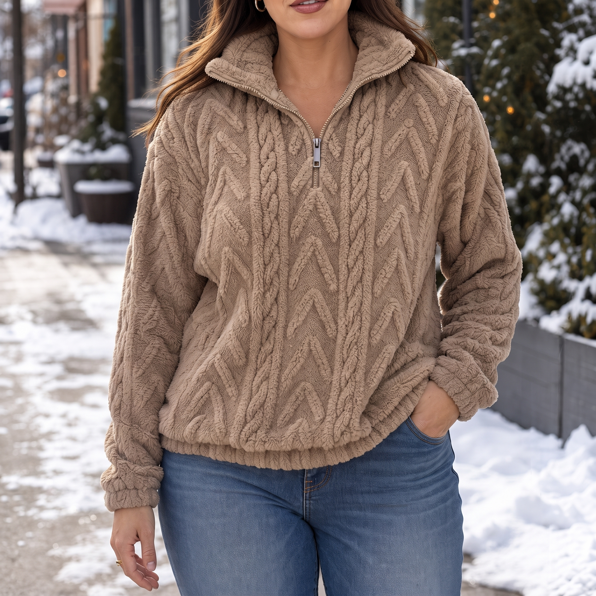 Women's Cable Knit Sweater, Quarter Zip with Stand Collar