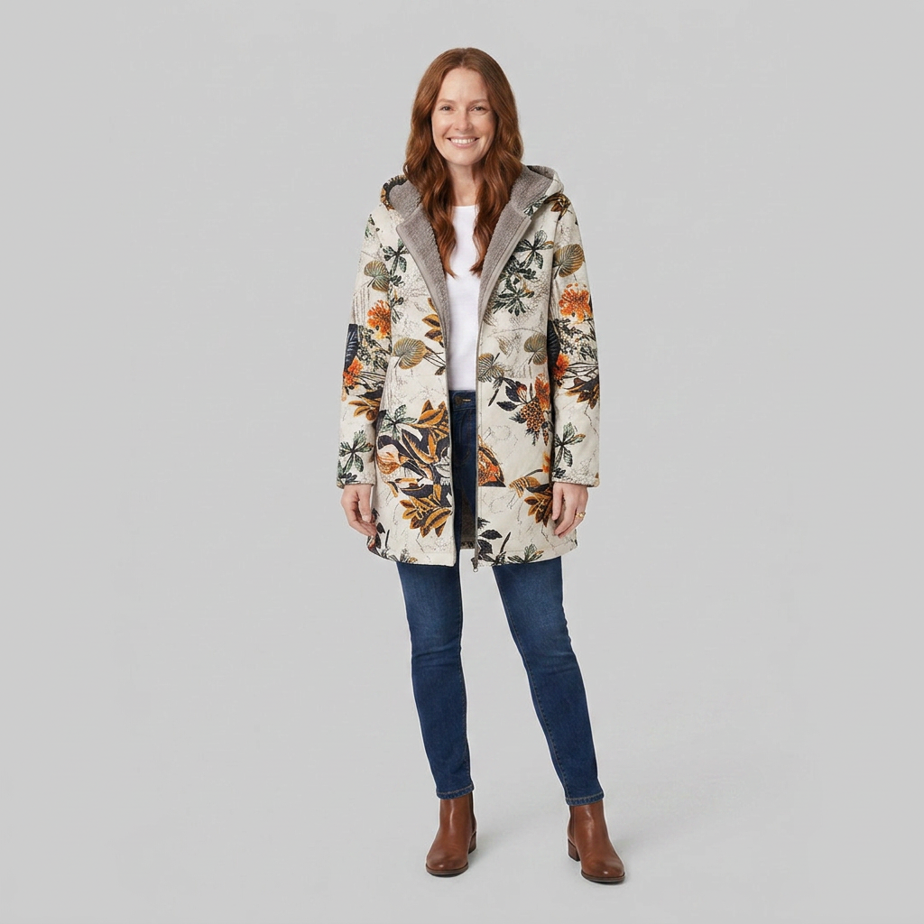Women's Floral Fleece-Lined Parka, Hooded Zip-Up