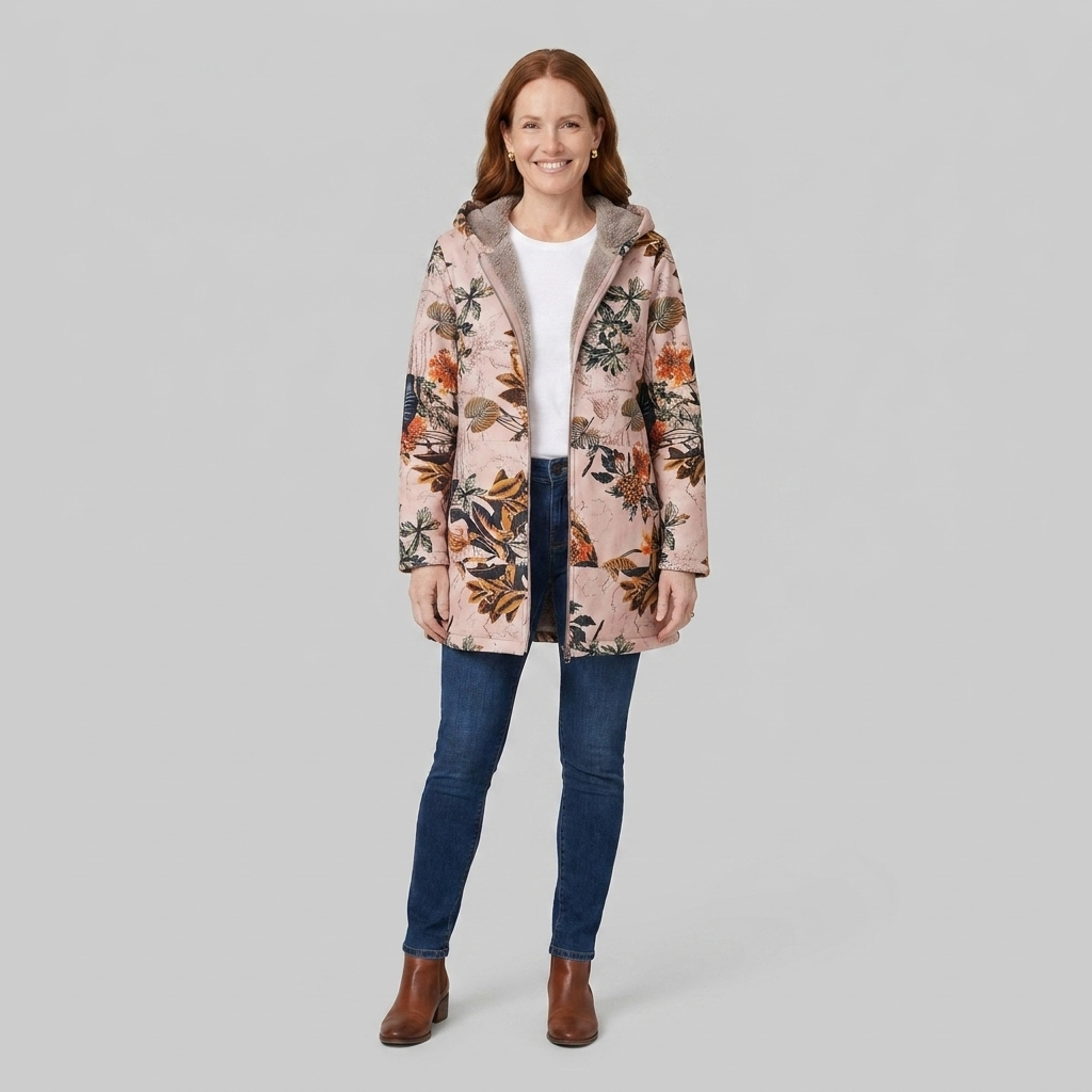 Women's Floral Fleece-Lined Parka, Hooded Zip-Up