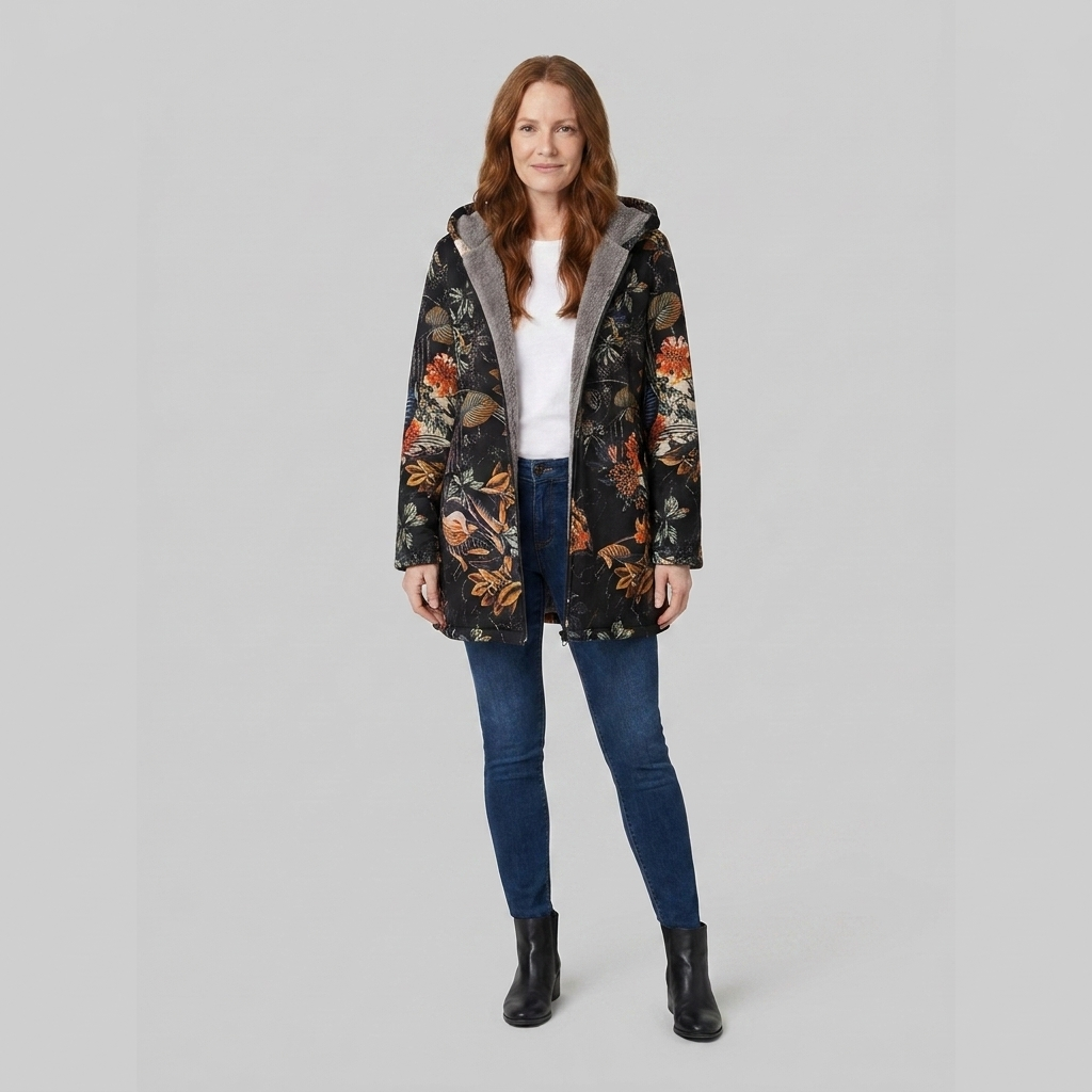 Women's Floral Fleece-Lined Parka, Hooded Zip-Up