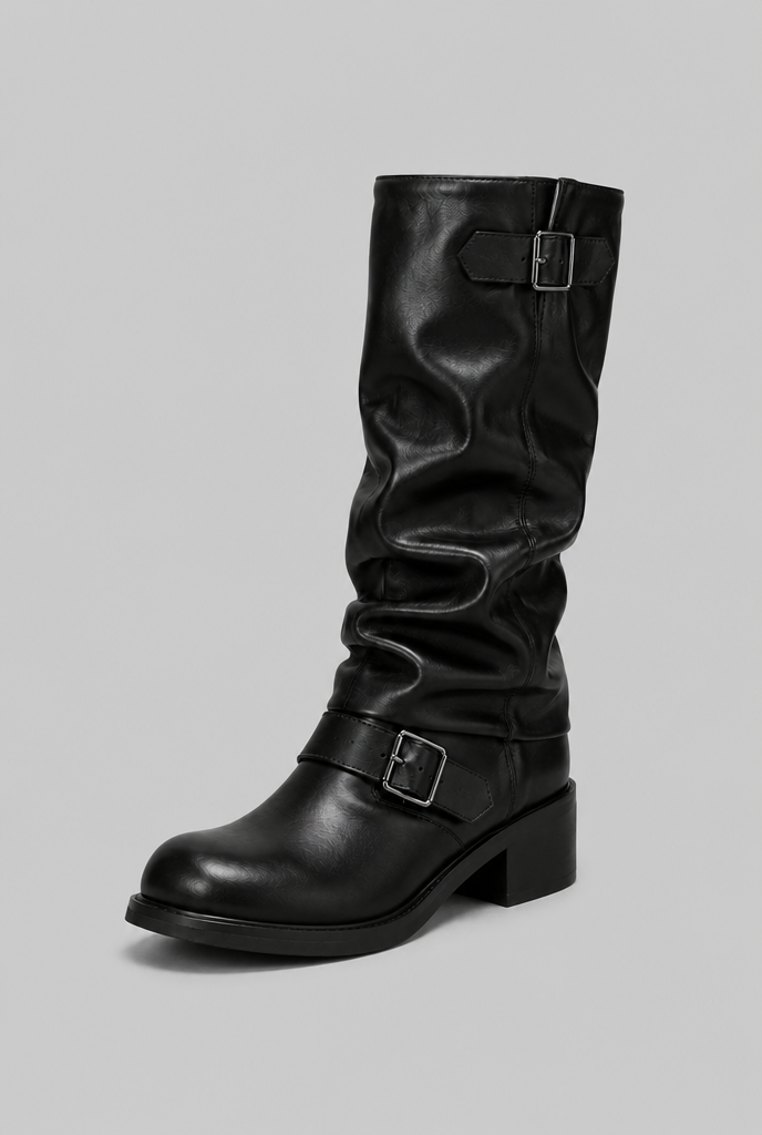Women's Faux Leather Knee-High Biker Boots, Buckles - Dominica