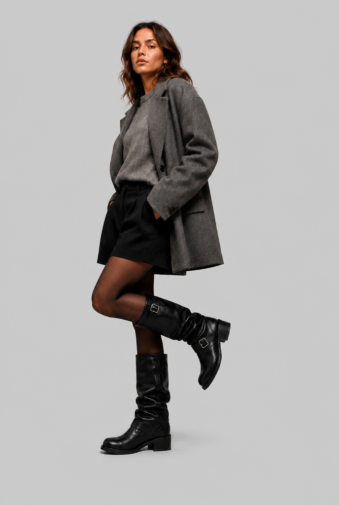 Women's Faux Leather Knee-High Biker Boots, Buckles - Dominica