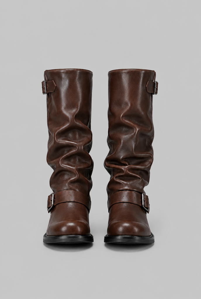 Women's Faux Leather Knee-High Biker Boots, Buckles - Dominica