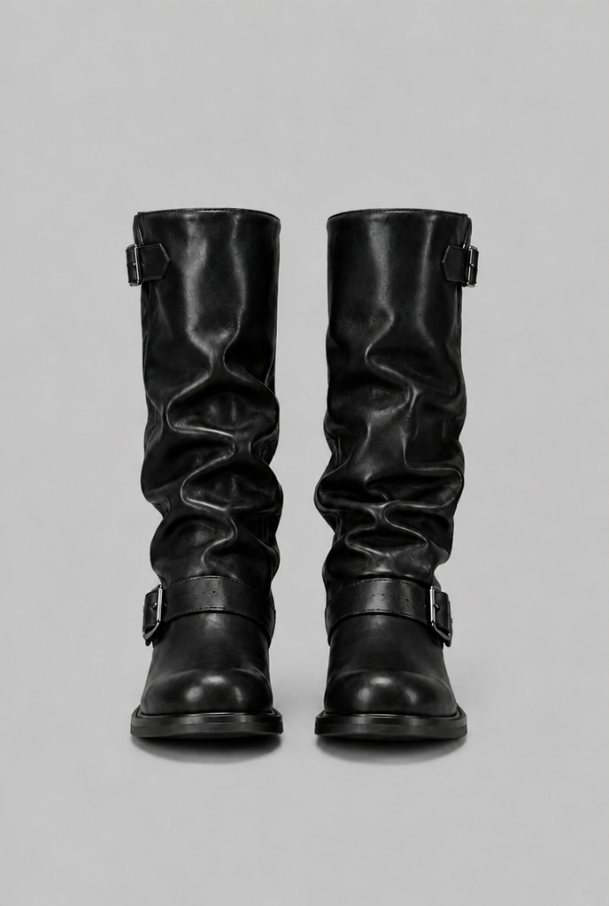 Women's Faux Leather Knee-High Biker Boots, Buckles - Dominica