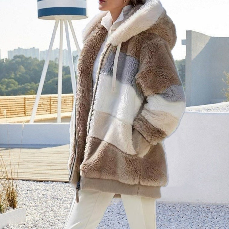 Women's Color Block Teddy Jacket, Hooded Zip-Up - Yvana