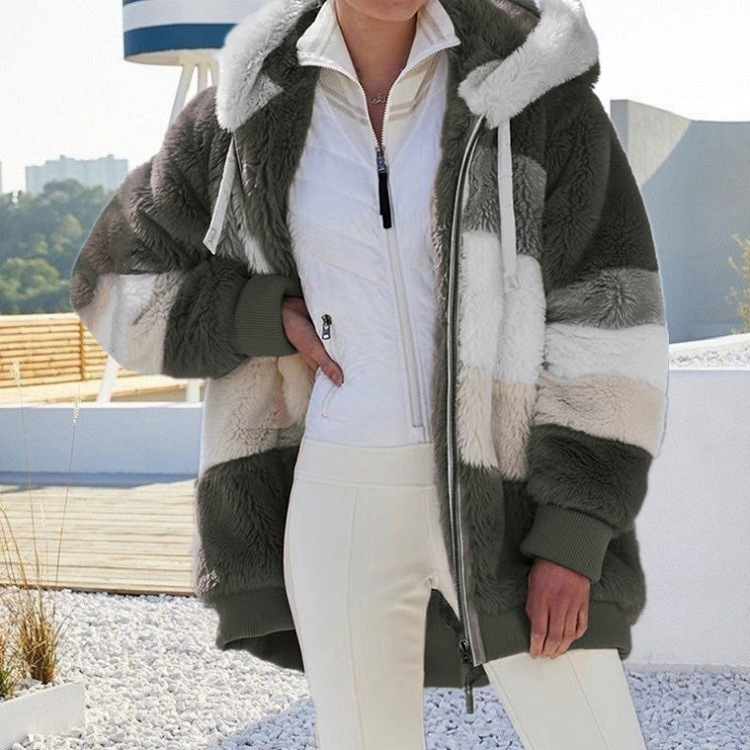 Women's Color Block Teddy Jacket, Hooded Zip-Up - Yvana