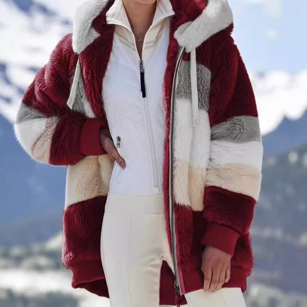 Women's Color Block Teddy Jacket, Hooded Zip-Up - Yvana