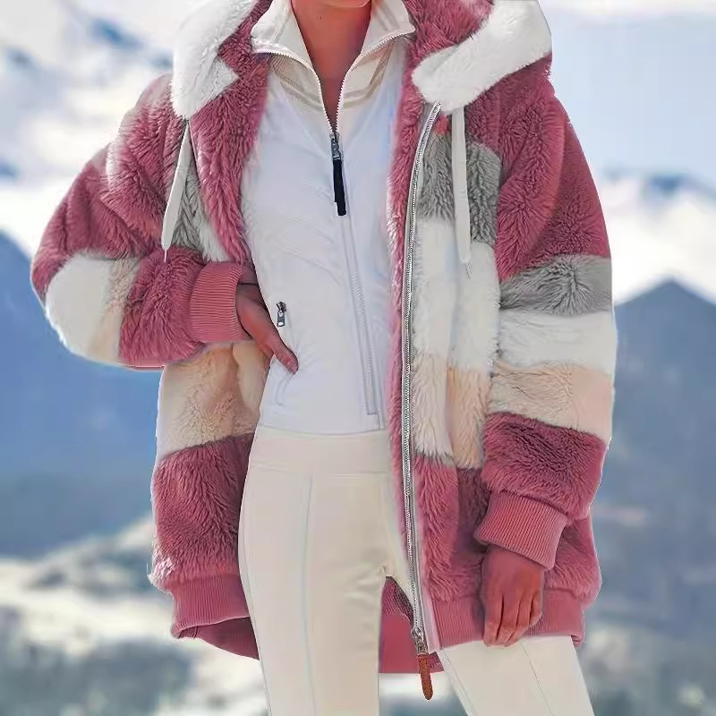 Women's Color Block Teddy Jacket, Hooded Zip-Up - Yvana