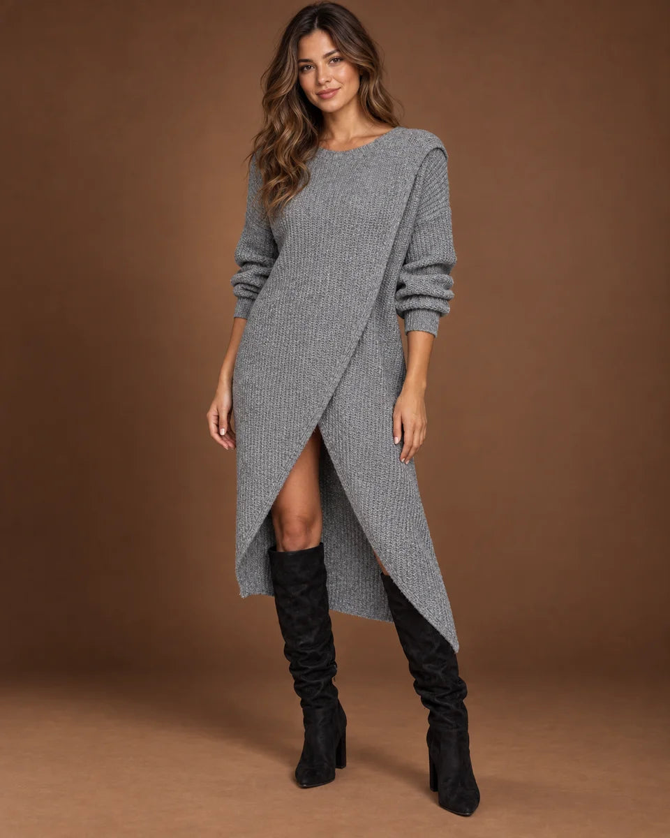 Women's grey knit midi sweater dress with round neck, long sleeves and asymmetric wrap-style hem, front view