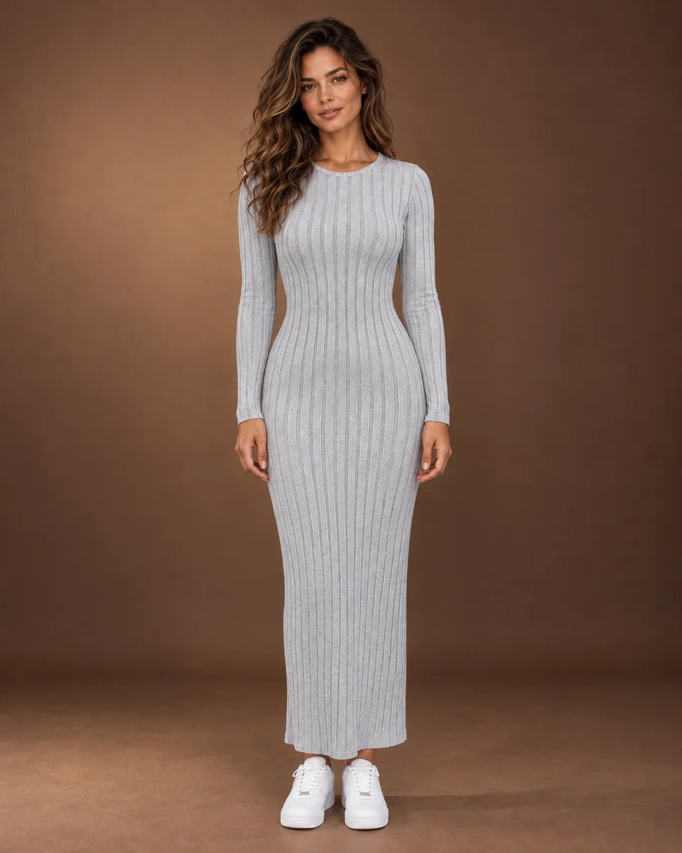 Women's gray ribbed bodycon maxi dress with a round neckline and fitted long sleeves, full-length front view