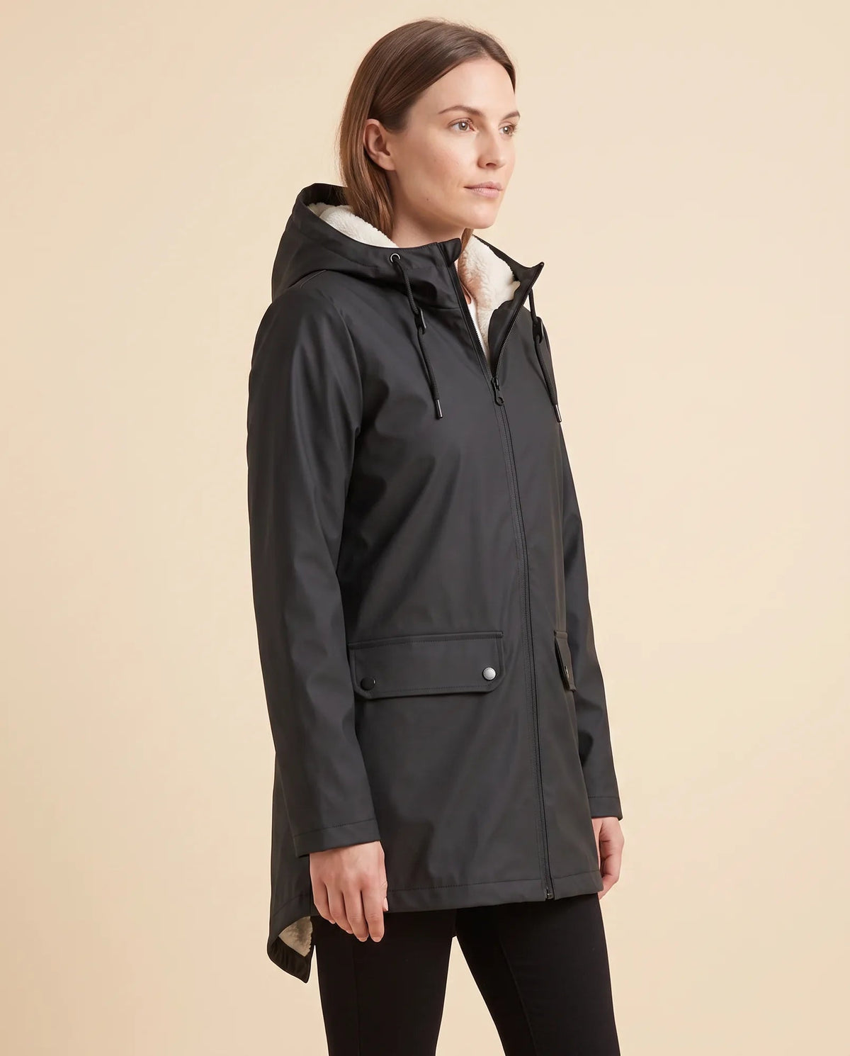 Women's lined hooded coat in black – angled view showing the coat silhouette