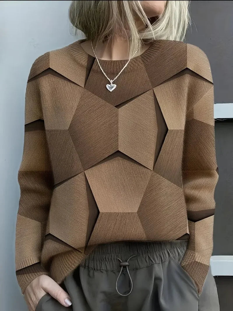 Women's geometric print knit sweater in brown