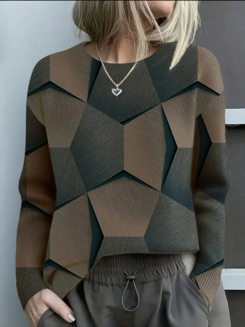 Women's geometric print knit sweater in dark brown
