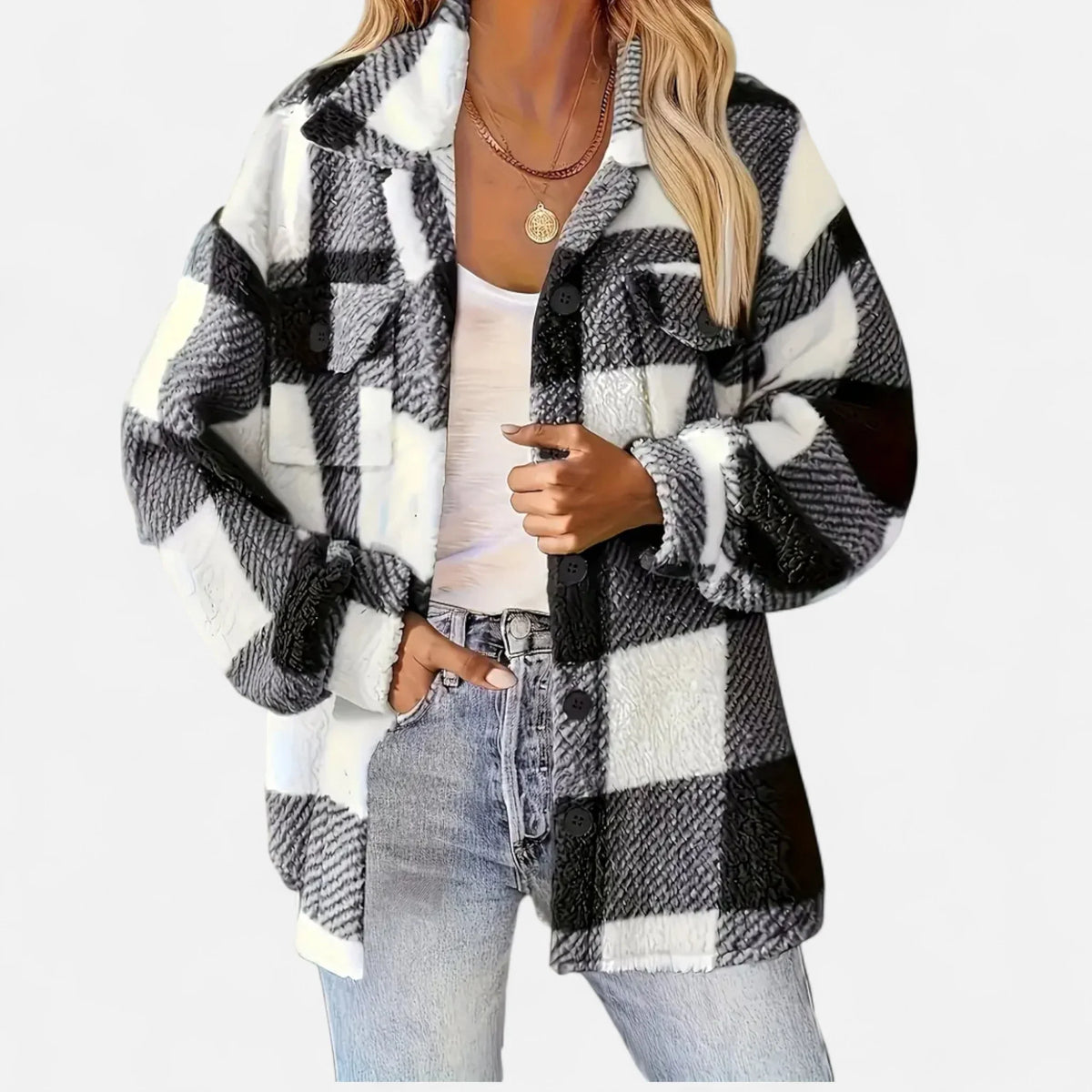 Women's Plaid Sherpa Jacket, Button Front and Chest Pockets - Joanne