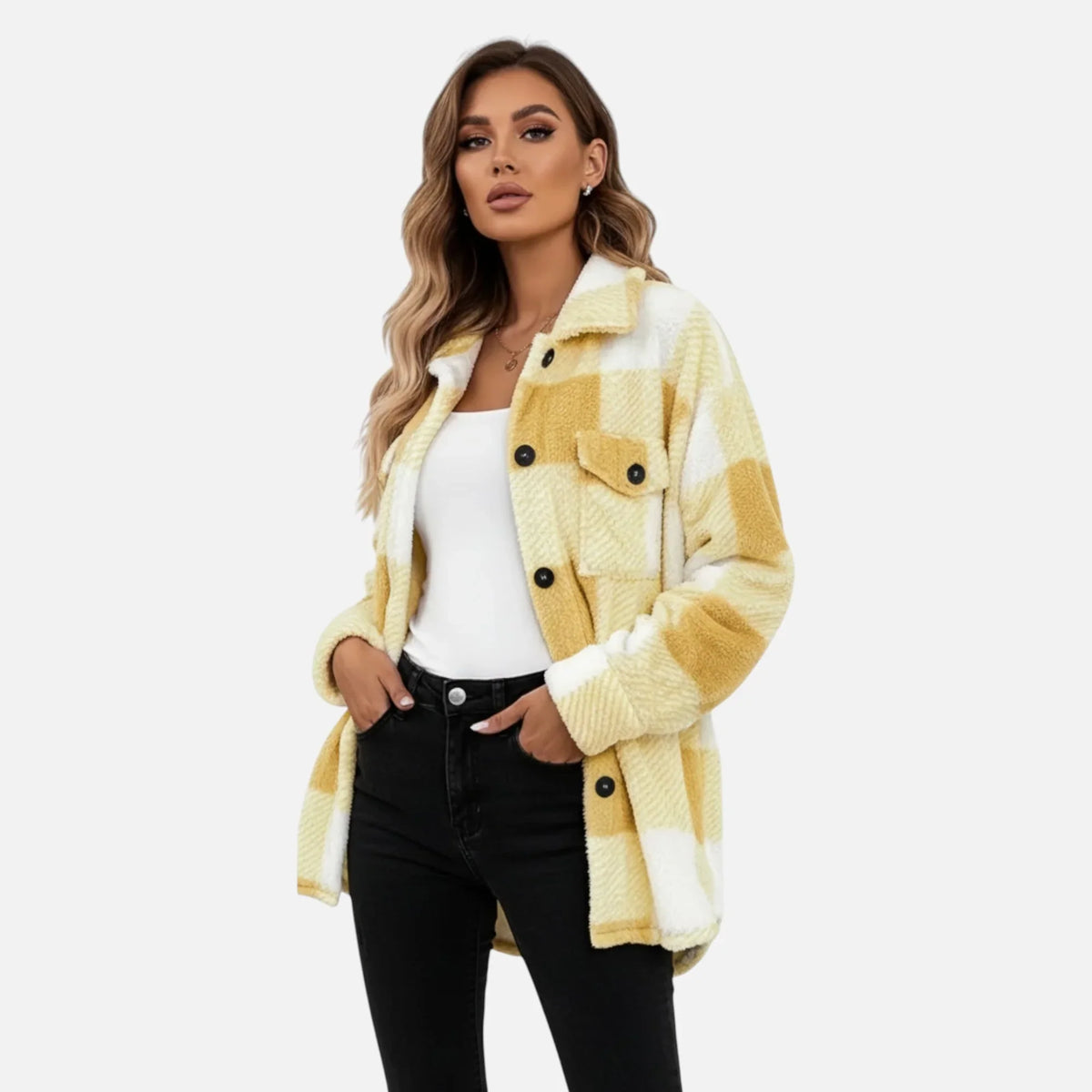 Women's Plaid Sherpa Jacket, Button Front and Chest Pockets - Joanne