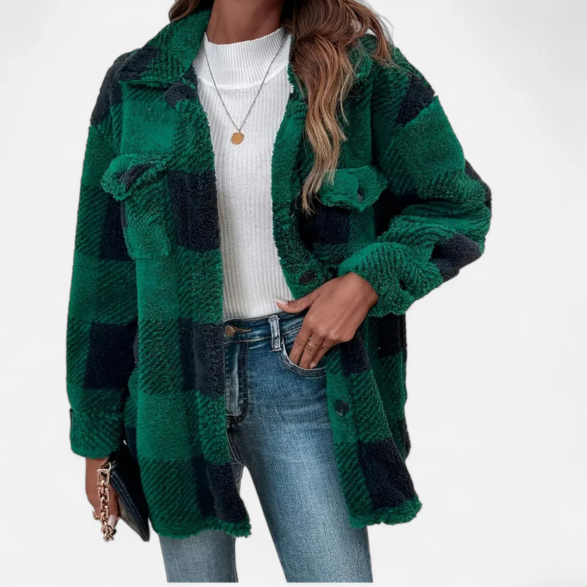 Women's Plaid Sherpa Jacket, Button Front and Chest Pockets - Joanne