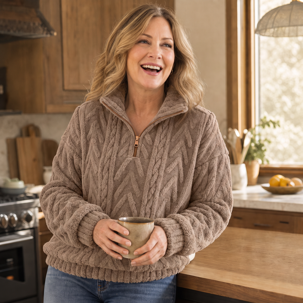 Women's Cable Knit Sweater, Quarter Zip with Stand Collar