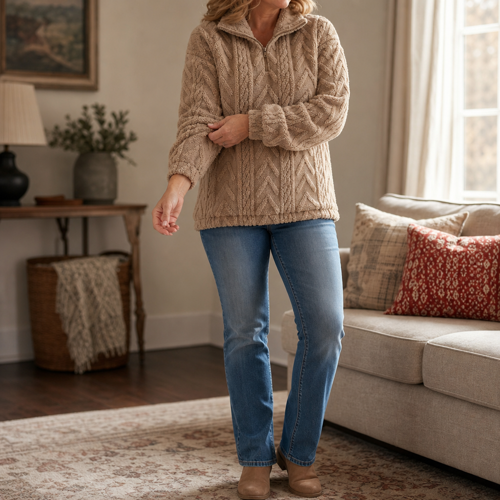 Women's Cable Knit Sweater, Quarter Zip with Stand Collar