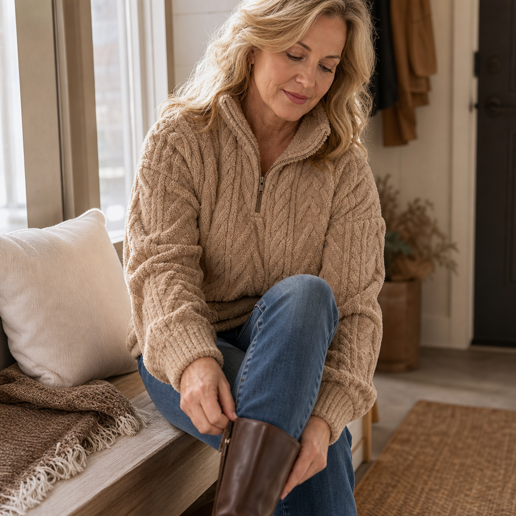 Women's Cable Knit Sweater, Quarter Zip with Stand Collar