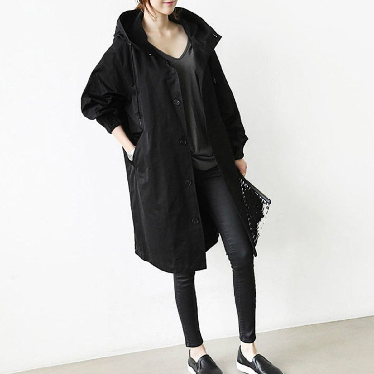 Women's Hooded Trench Coat – Longline with Pockets