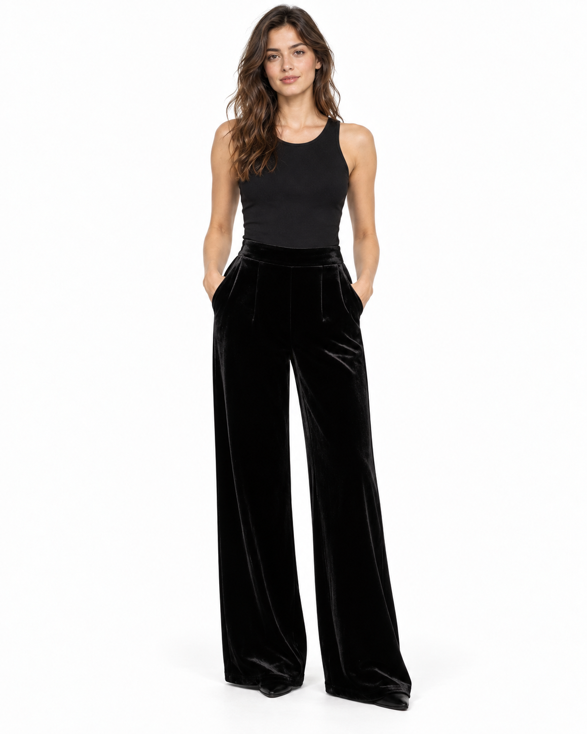 Women's High Waisted Velvet Wide-Leg Pants, Pleated - Marielle