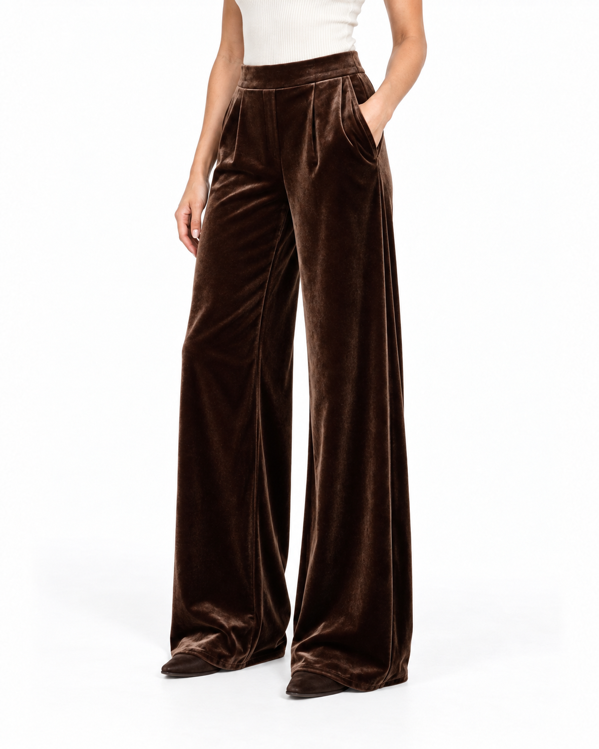 Women's High Waisted Velvet Wide-Leg Pants, Pleated - Marielle