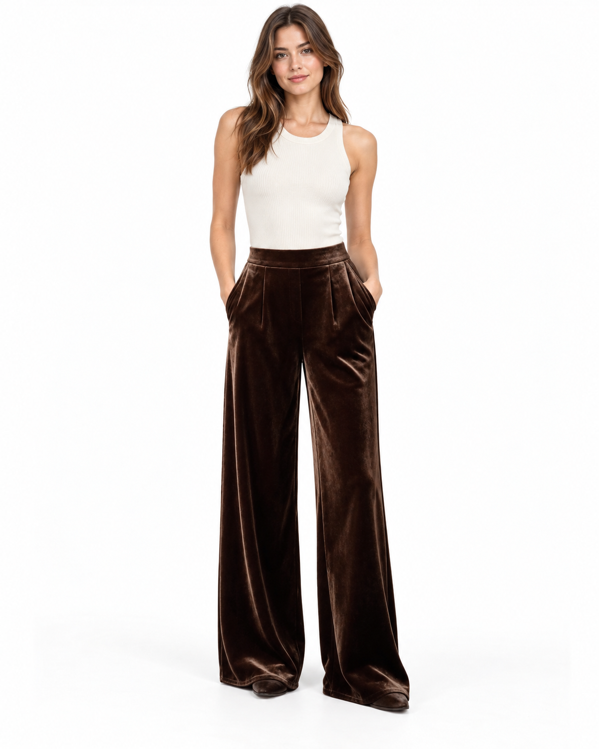 Women's High Waisted Velvet Wide-Leg Pants, Pleated - Marielle