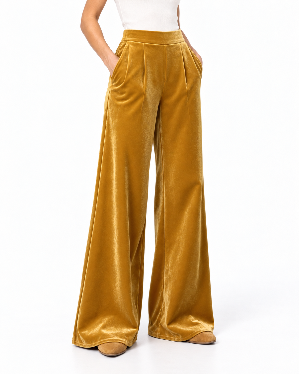 Women's High Waisted Velvet Wide-Leg Pants, Pleated - Marielle