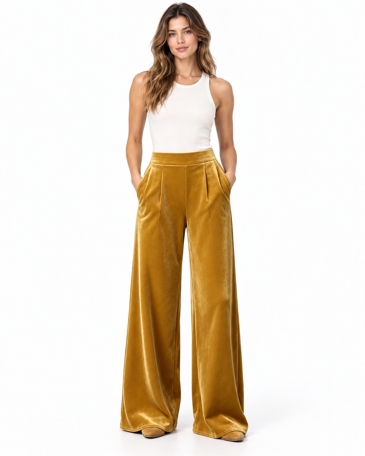 Women's High Waisted Velvet Wide-Leg Pants, Pleated - Marielle
