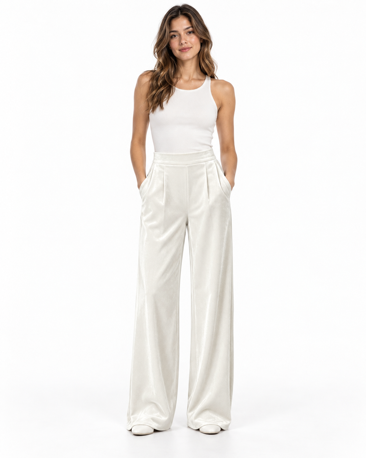 Women's High Waisted Velvet Wide-Leg Pants, Pleated - Marielle