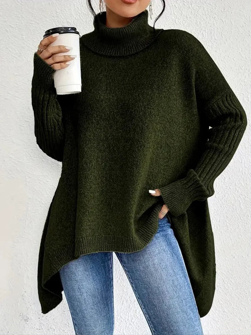 Women's oversized longline ribbed turtleneck sweater in dark green