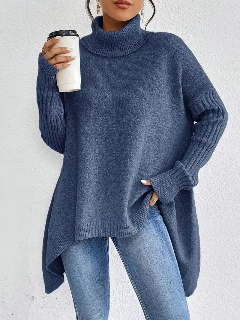 Women's oversized longline ribbed turtleneck sweater in ocean blue