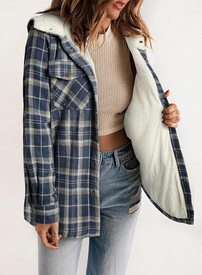 Women's Plaid Flannel Jacket with Sherpa Collar - Mireille