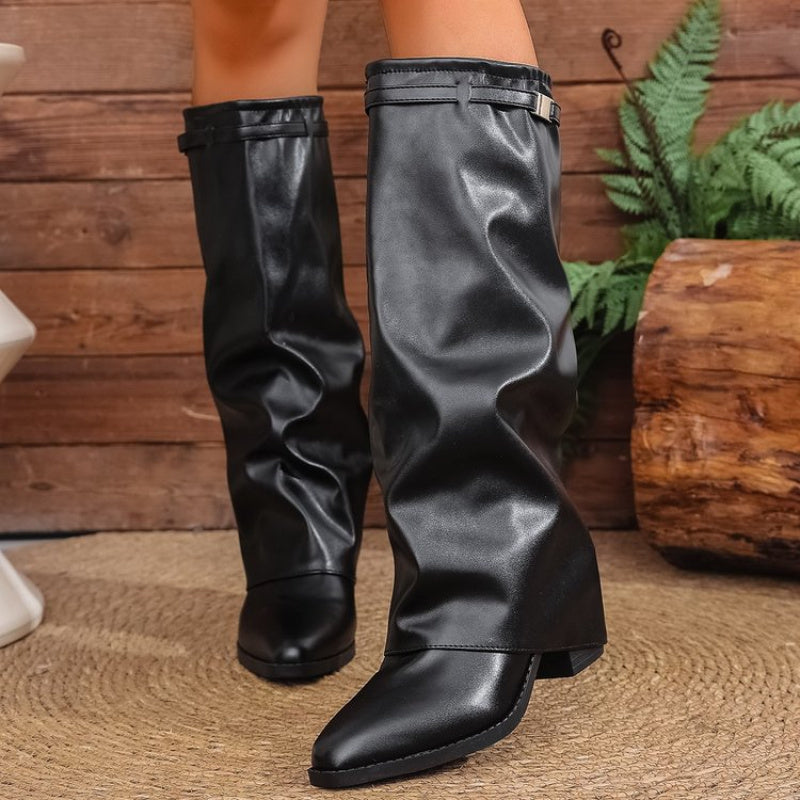 Women's Slouchy Knee-High Boots, Pointed Toe and Low Heel - Naveah