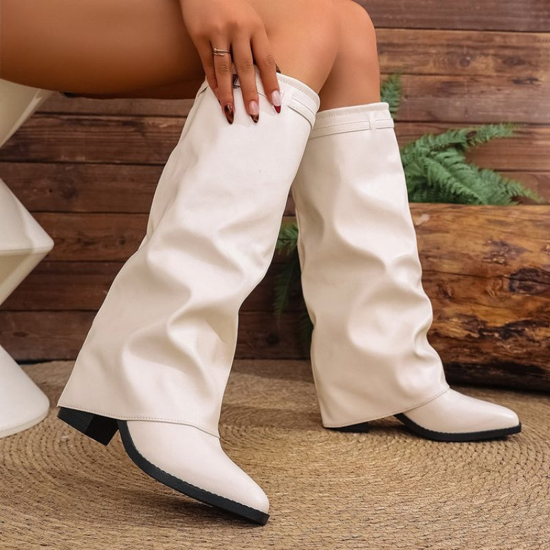 Women's Slouchy Knee-High Boots, Pointed Toe and Low Heel - Naveah