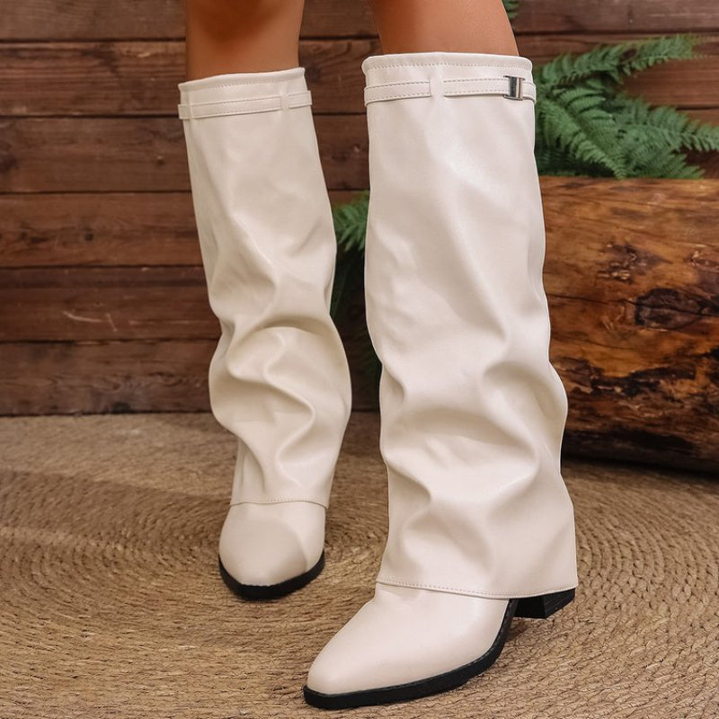 Women's Slouchy Knee-High Boots, Pointed Toe and Low Heel - Naveah